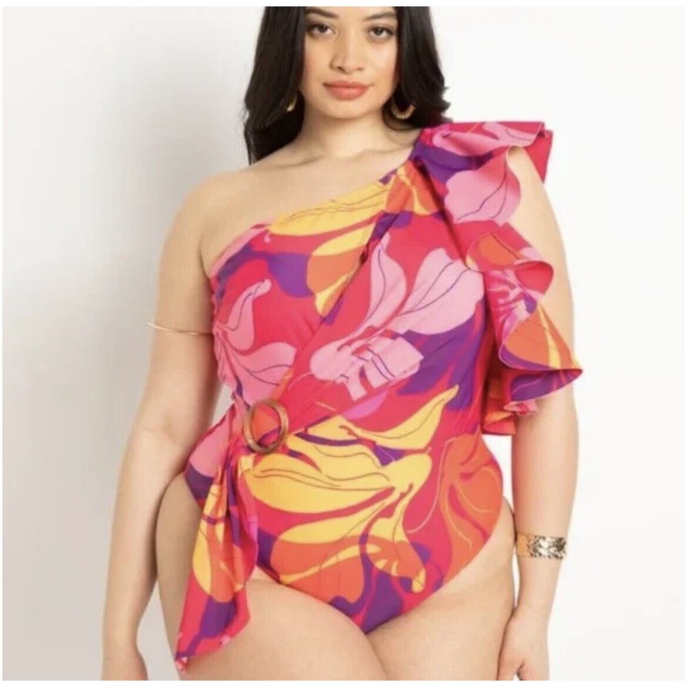 NEW ELOQUII 22 FUCHSIA PURPLE RUFFLE ONE SHOULDER WITH BELT ONE PIECE SWIMSUIT